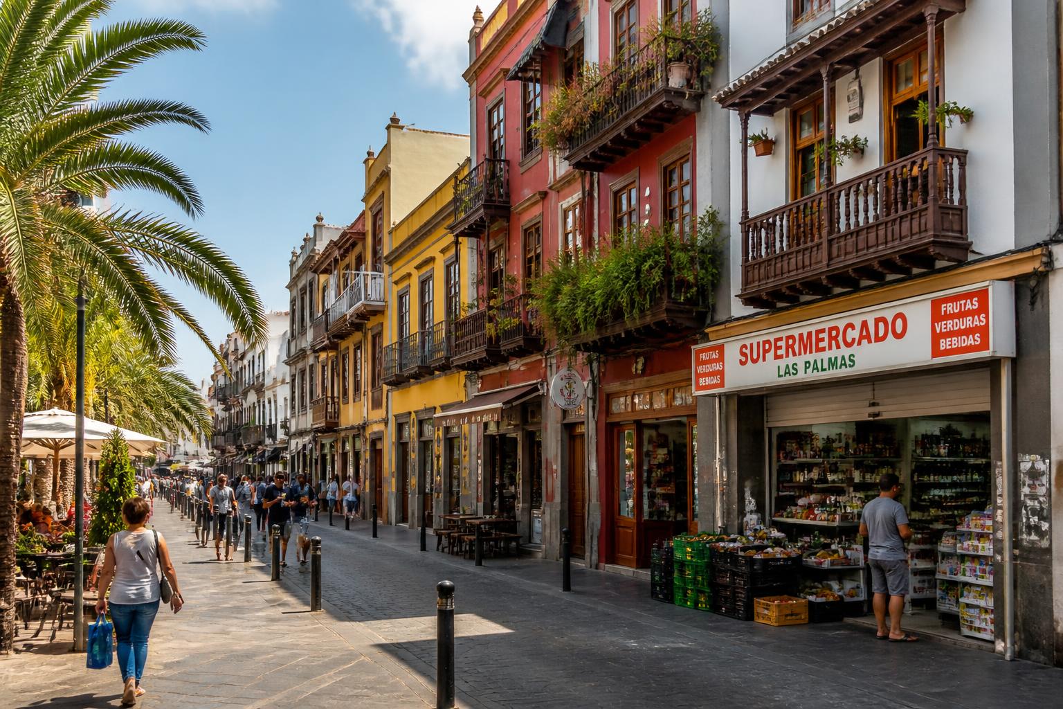 Strada di Las Palmas con supermercato locale e vita quotidiana alle Canarie