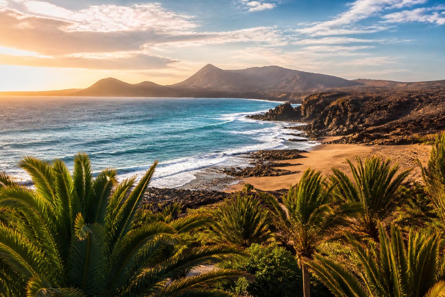 Costa delle Isole Canarie al tramonto con oceano turchese, montagne vulcaniche e palme